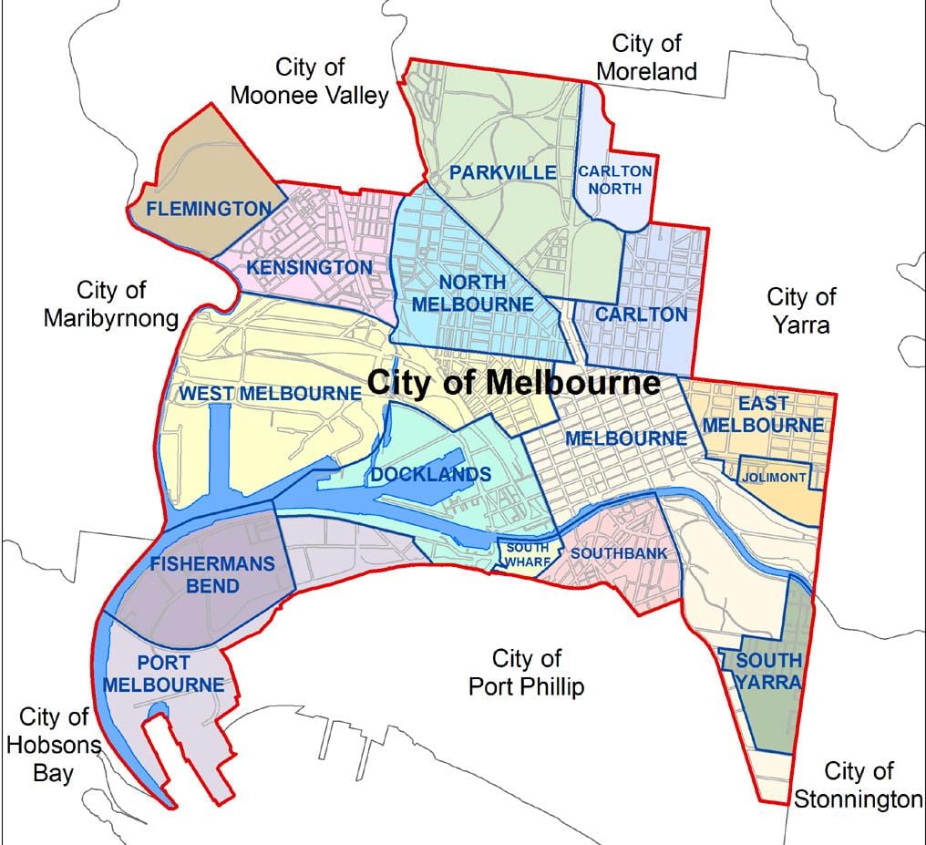 kort over Melbourne og de omkringliggende forstæder