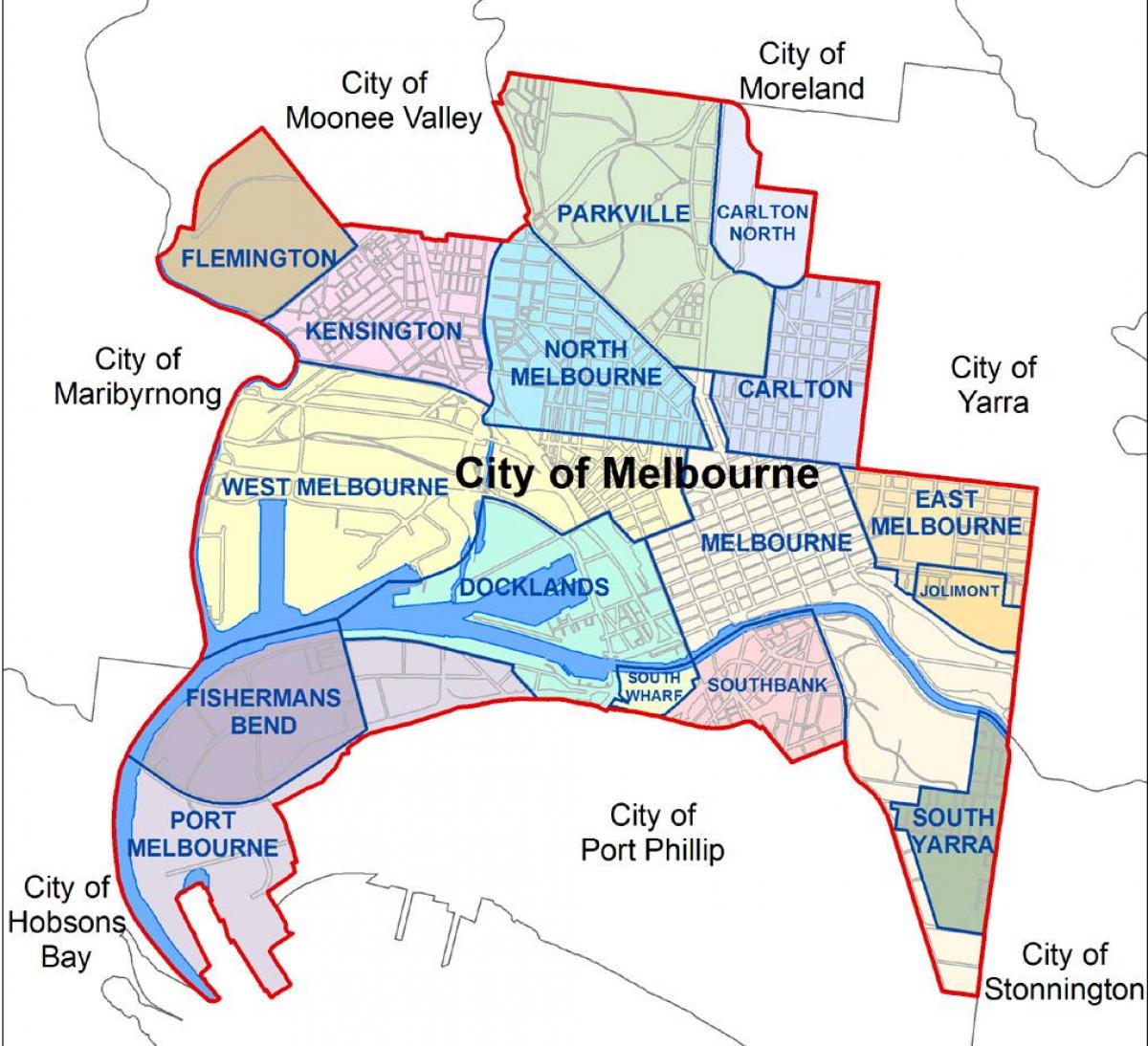 kort over Melbourne og de omkringliggende forstæder
