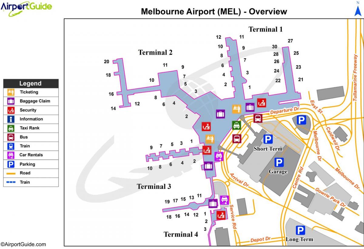kort over Melbourne lufthavn terminaler